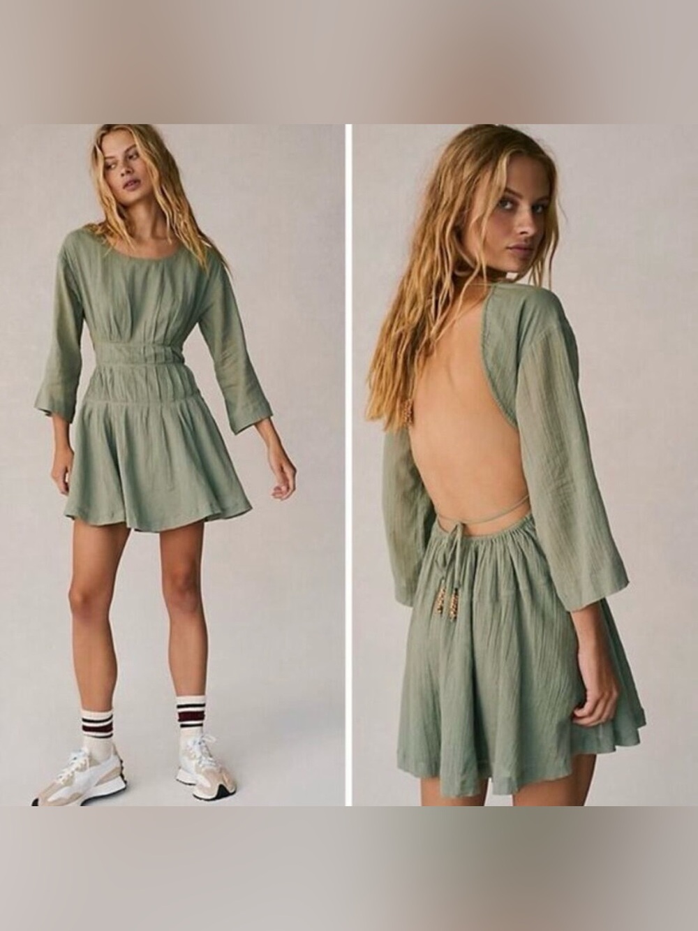 NWT Free People Prettiest Pleats Green A-Line Fit & Flare Open Back Tie Dress L